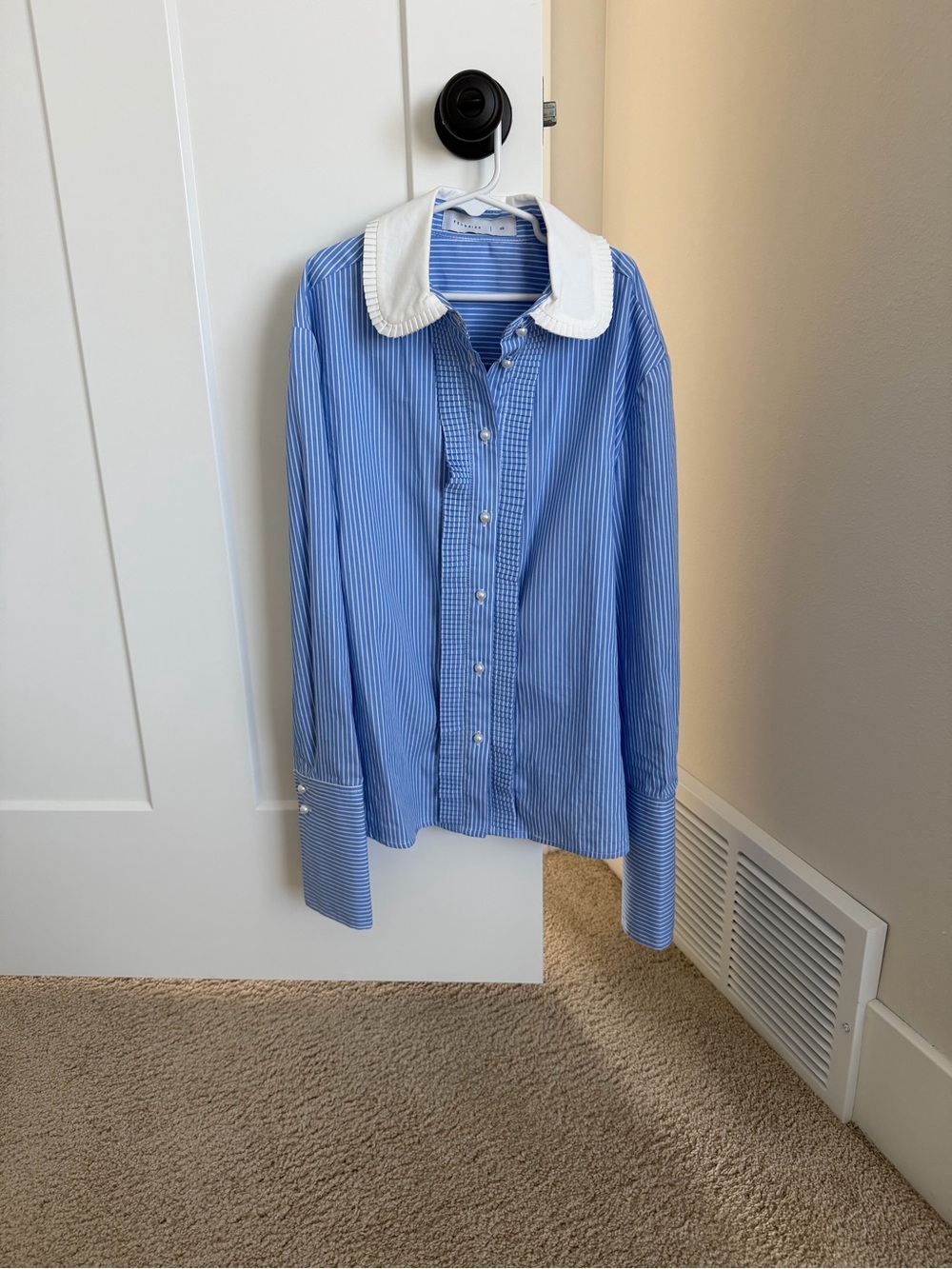 Blue Pinstripe Button-Down Shirt with White Contrast Collar